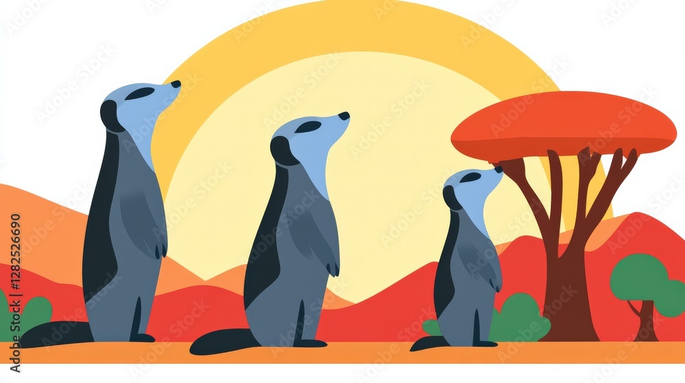 Obraz premium Colorful Meerkat Family Under Sunset Sky