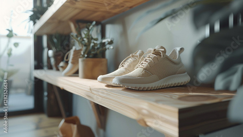 A collection of sneakers crafted from recycled ocean plastics, displayed neatly on a minimalist wooden shelf, highlighting eco-friendly fashion. photo