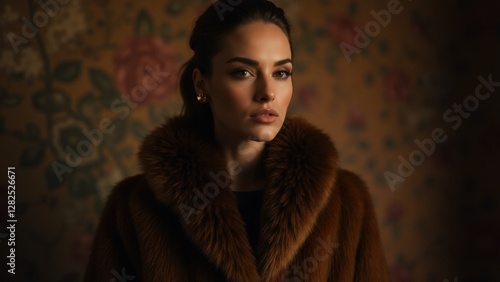 A person wearing a luxurious Russian sable fur coat stands against a floral wallpaper background.