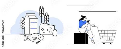 Woman checking phone beside shopping cart milk, cheese, bread, fish, egg representing groceries. Ideal for online shopping, e-commerce, digital convenience, healthy eating food delivery home life