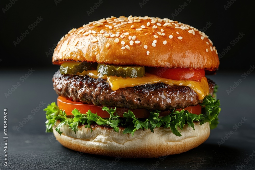 A mouthwatering beef burger topped with melted cheese, fresh lettuce, and a toasted bun, capturing the essence of comfort food. Perfect for food, restaurant, and lifestyle themes. A mouthwatering beef burger topped with melted cheese, fresh lettuce, and a toasted bun, capturing the essence of comfort food. Perfect for food, restaurant, and lifestyle themes.