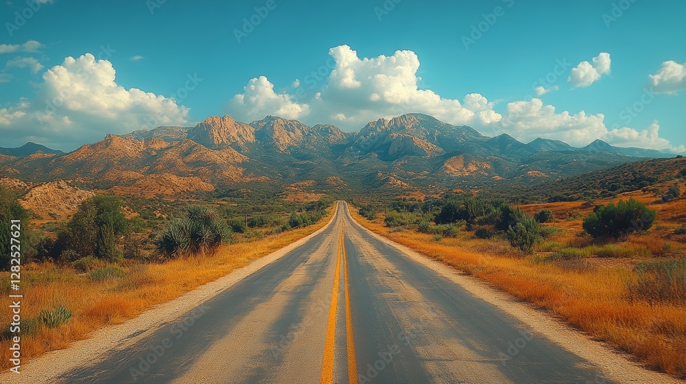 Expansive Open Highway with Mountain Landscape Under Blue Sky Expansive Open Highway with Mountain Landscape Under Blue Sky