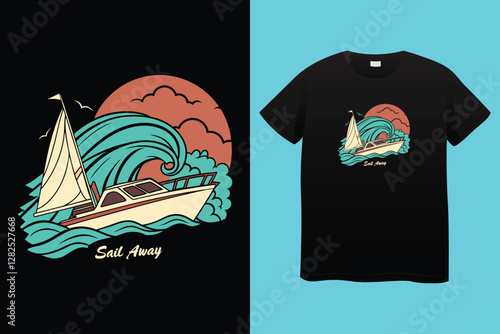 France Saint Tropez Les Voiles De Provence-Alpes-Cote d'Azur slogan print with hand-drawn sailboat illustration for graphic tee t-shirt or poster.