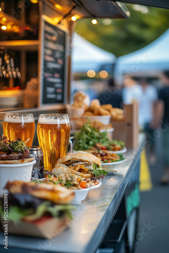 A food truck scene featuring delicious burgers, beer glasses, and fresh salads. The background includes a chalkboard menu, fries, and customers enjoying the lively atmosphere of a food festival.