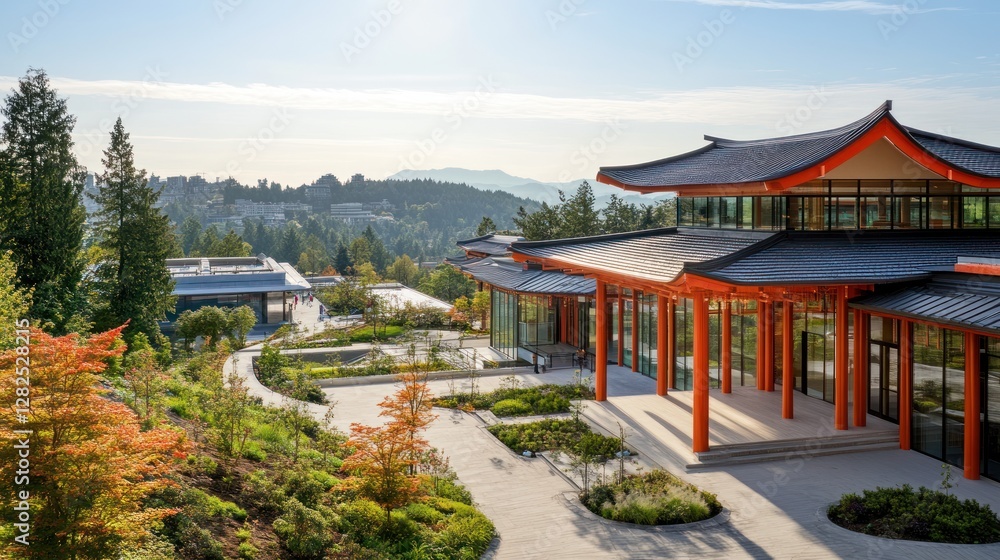 Serene Asian Architecture nestled in a lush hillside landscape Serene Asian Architecture nestled in a lush hillside landscape