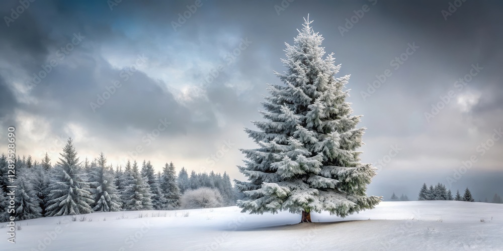 Snow-covered evergreen tree standing alone in a dense winter forest with bare branches and frosty leaves, set against a grey sky with few scattered clouds , snow covered tree, winter wonderland Snow-covered evergreen tree standing alone in a dense winter forest with bare branches and frosty leaves, set against a grey sky with few scattered clouds , snow covered tree, winter wonderland