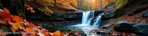 Leaves cascade down a rocky cliffside at Hidden Falls, autumn colors, autumn leaves