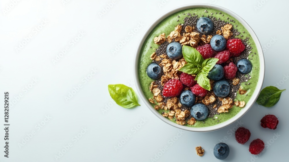 Bowl of assorted fruit and nuts accompanied by a green smoothie on a wooden table Bowl of assorted fruit and nuts accompanied by a green smoothie on a wooden table