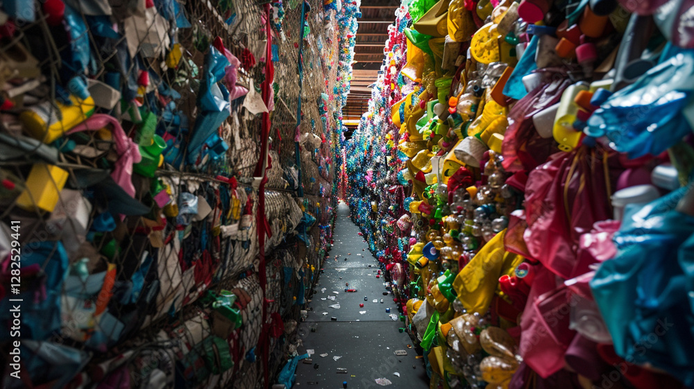 Fototapeta premium A plastic recycling facility where waste plastic is sorted, melted, and remolded into new products. Advanced machinery and eco-friendly processes highlight 