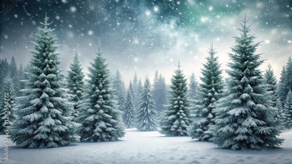 Fototapeta premium Dense frosty evergreen trees stand tall against a grey sky with swirling snowflakes gently falling on the ground