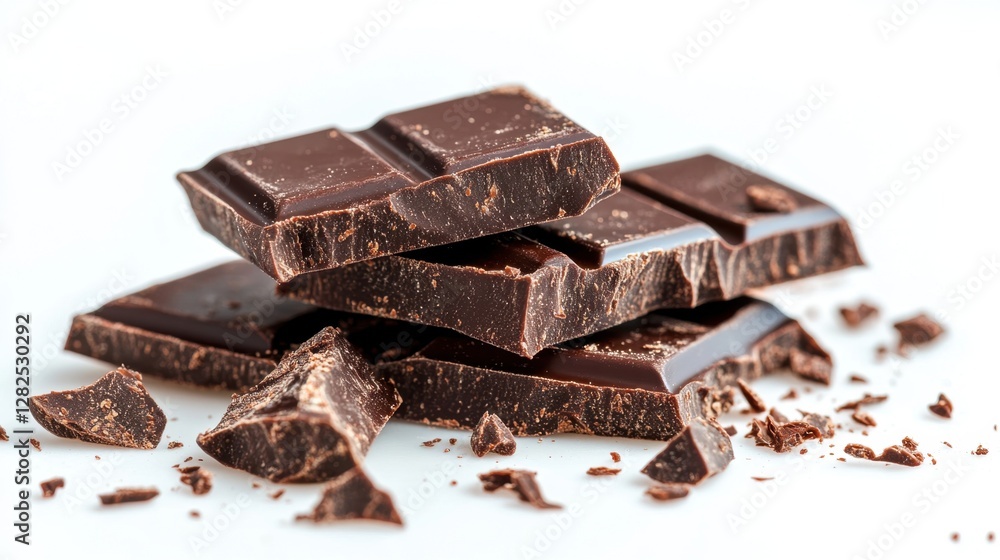 A pile of assorted chocolate pieces including bars truffles and squares on a white background A pile of assorted chocolate pieces including bars truffles and squares on a white background