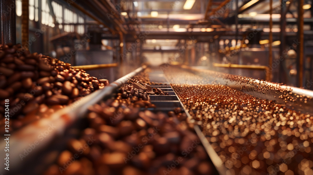 A chocolate production line where cocoa beans are roasted and ground into smooth, premium chocolate bars. The precise process ensures the creation of rich, high-quality confections. A chocolate production line where cocoa beans are roasted and ground into smooth, premium chocolate bars. The precise process ensures the creation of rich, high-quality confections.