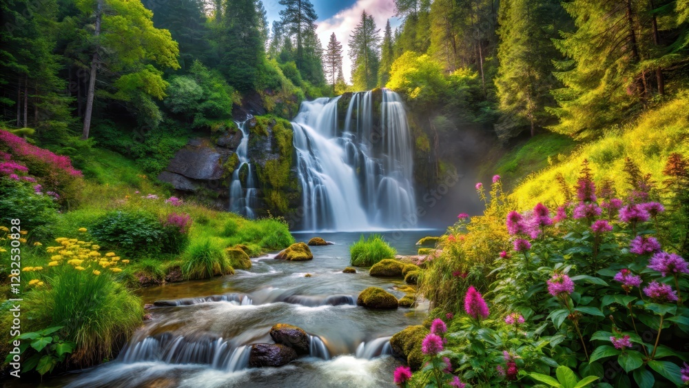 Serene majestic waterfall cascading through dense lush green forest surrounded by towering trees and vibrant wildflowers, greenery, forest Serene majestic waterfall cascading through dense lush green forest surrounded by towering trees and vibrant wildflowers, greenery, forest