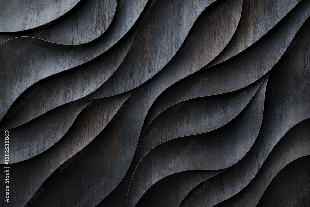 Obraz premium Abstract background of old wood with wavy patterns, texture for design and print. Dark gray and black colors, a beautiful natural wood surface. Stock photo, 2/3 place text 