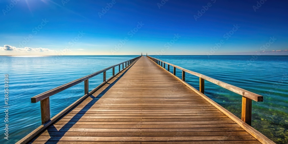 Wooden pontile stretching out into the ocean with a clear blue sky above, coastal scenery, calm sea Wooden pontile stretching out into the ocean with a clear blue sky above, coastal scenery, calm sea