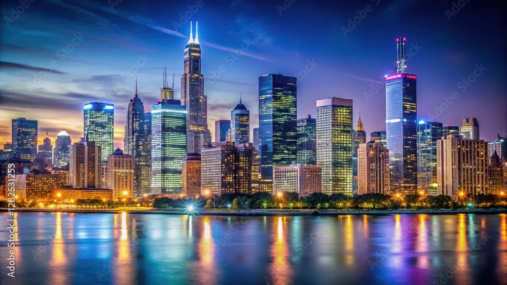 Chicago Downtown Skyline at Night with Towering Skyscrapers and Neon Lights Illuminating the Cityscape Chicago Downtown Skyline at Night with Towering Skyscrapers and Neon Lights Illuminating the Cityscape