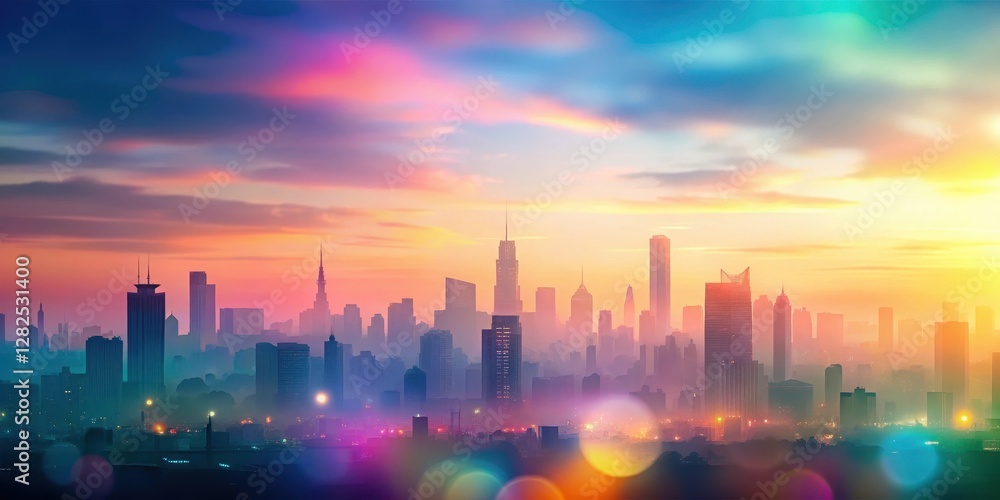 Fototapeta premium Gradient mesh texture with pastel colors layered on top of a blurred cityscape background at sunset, colorful textures , urban landscape