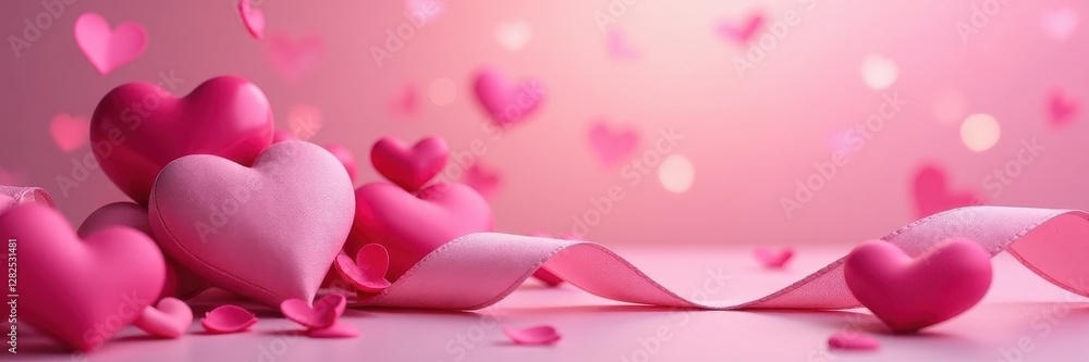 Pink hearts, elegant ribbon, soft focus backdrop , abstract, pastel, element Pink hearts, elegant ribbon, soft focus backdrop , abstract, pastel, element