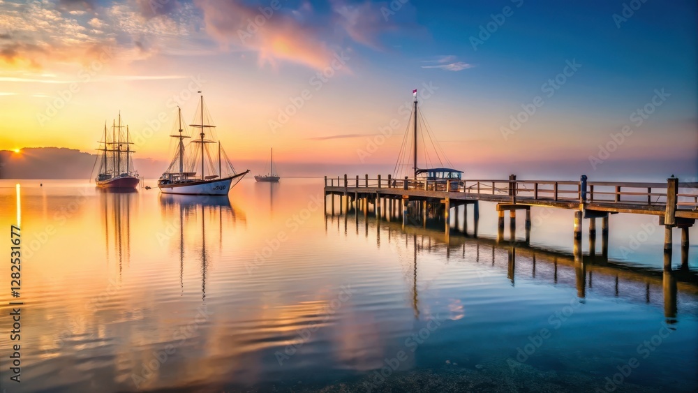Fototapeta premium A serene dawn mist rising over a historic pier extending into the Chesapeake Bay's calm waters with sailboats and fishing vessels in the background , sailing, nature