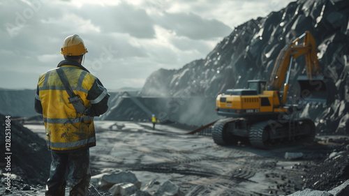 A mining engineer performs a thorough safety check at the extraction site, assessing structural integrity and ensuring machinery is in good working order before continuing with excavation. photo