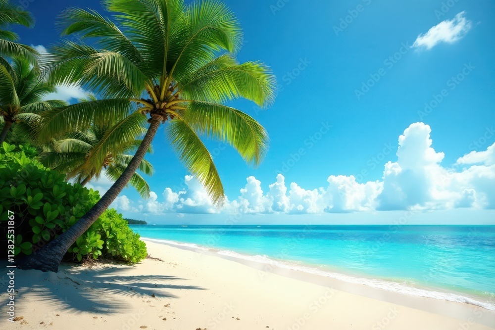 Vibrant coconut palms on a sunny beach, idyllic setting , idyllic, vibrant Vibrant coconut palms on a sunny beach, idyllic setting , idyllic, vibrant