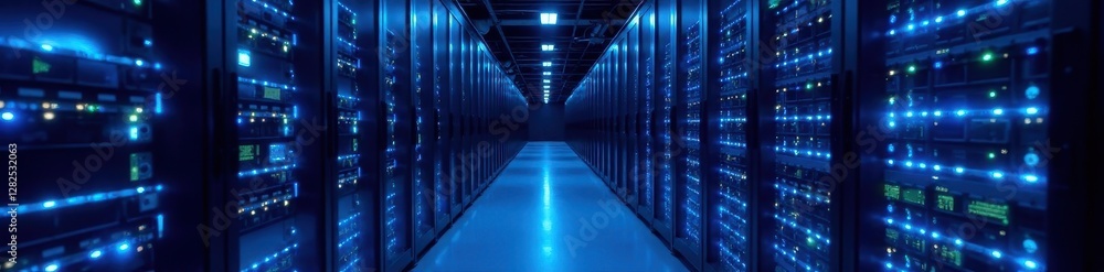 Blue-lit server racks in a dark data center hallway, computer network, data center Blue-lit server racks in a dark data center hallway, computer network, data center