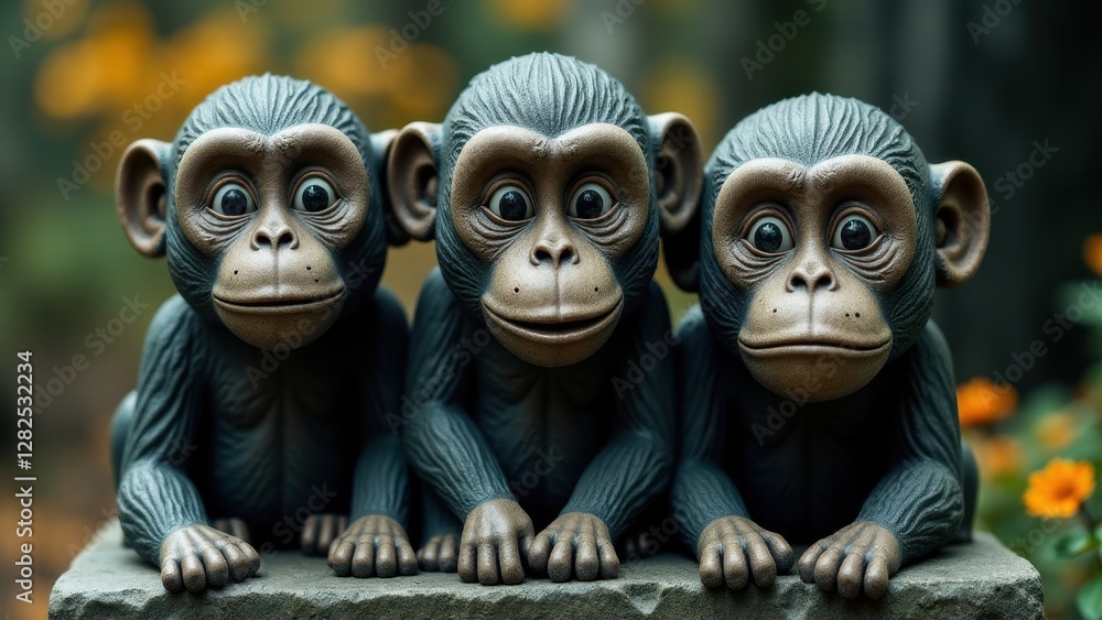 Three wise monkeys statues sitting side by side with their hands on their knees.