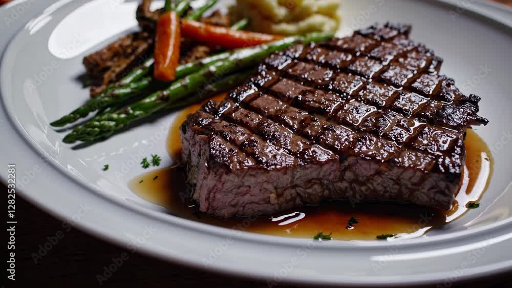 Top-down video shot of a gourmet steak dinner with asparagus, carrots, and mashed potatoes, showcasing elegant plating and rich textures. Top-down video shot of a gourmet steak dinner with asparagus, carrots, and mashed potatoes, showcasing elegant plating and rich textures.