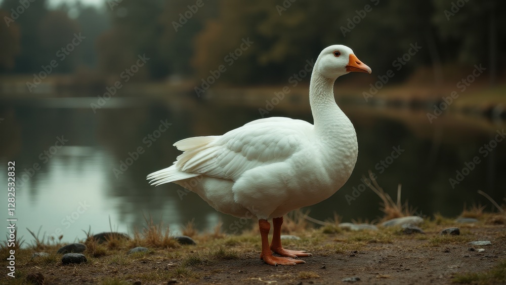 A Toulouse goose standing by a serene lake with a blurred forest background. A Toulouse goose standing by a serene lake with a blurred forest background.