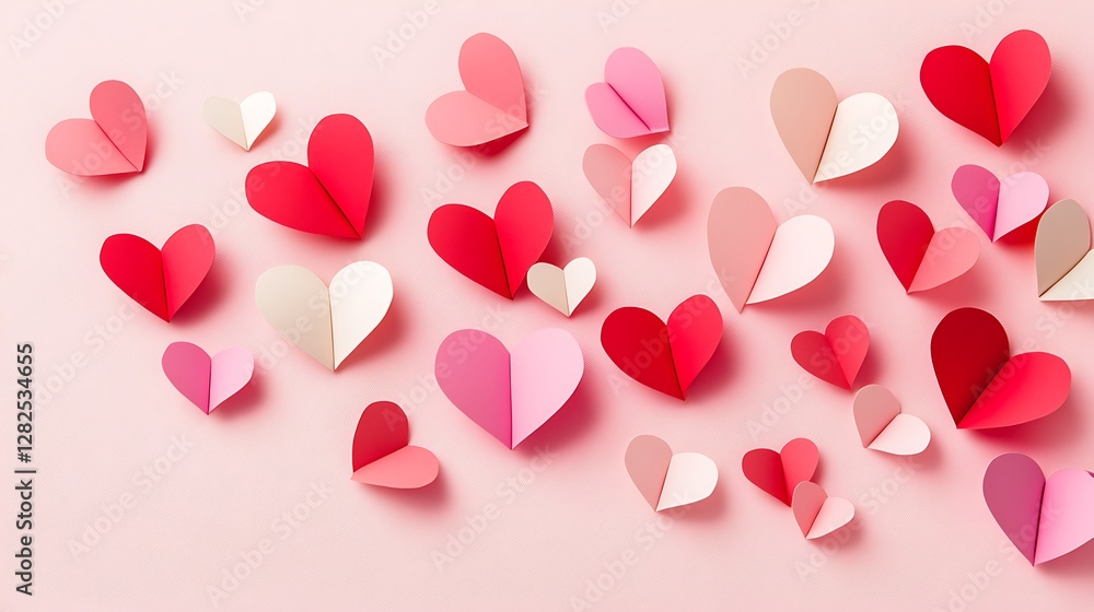 Pink and red paper hearts scattered on a pink background Pink and red paper hearts scattered on a pink background