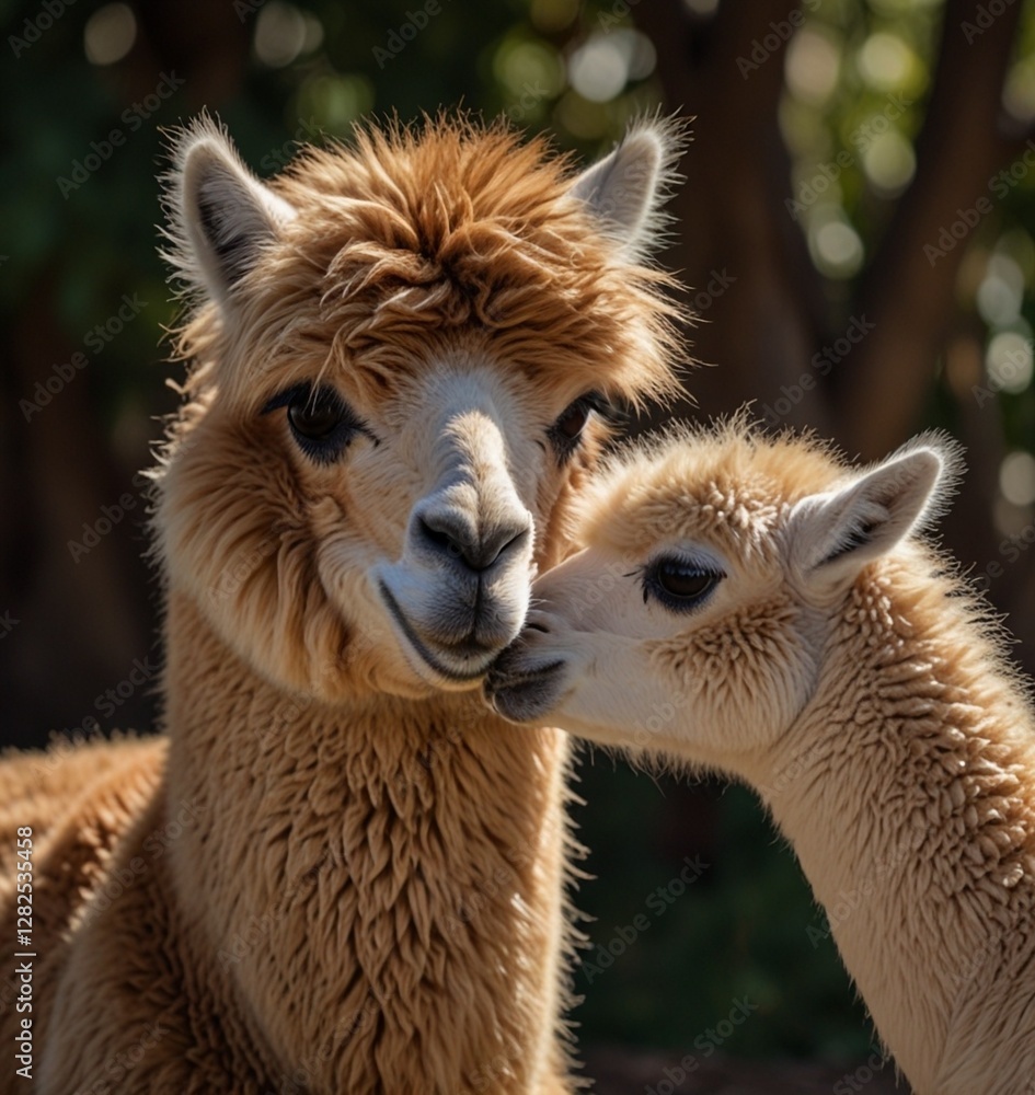 Obraz premium A tender moment between a mother and her baby alpaca, showcasing warmth and affection in a soft, natural light. Ai generate