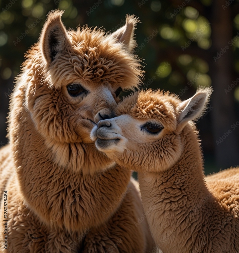 Obraz premium A tender moment between a mother and her baby alpaca, showcasing warmth and affection in a soft, natural light. Ai generate