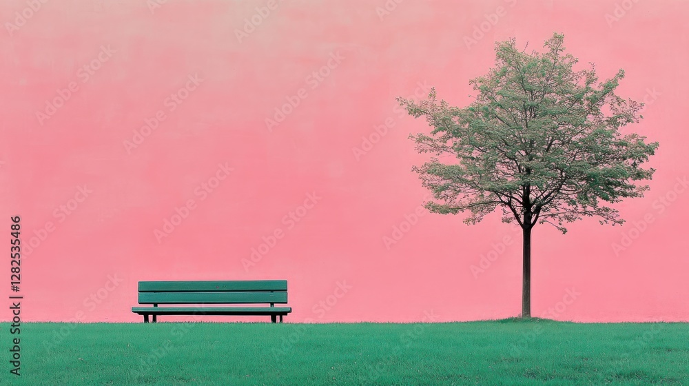 Obraz premium Park bench, tree, pink sky, serenity, meditation