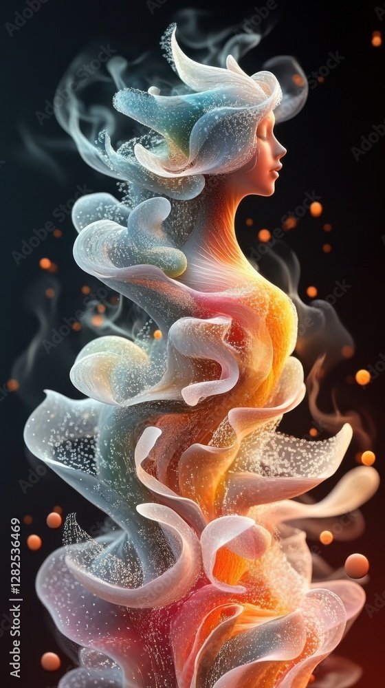 Obraz premium Surreal digital illustration of a fluid humanoid figure composed of swirling smoke and vibrant colors