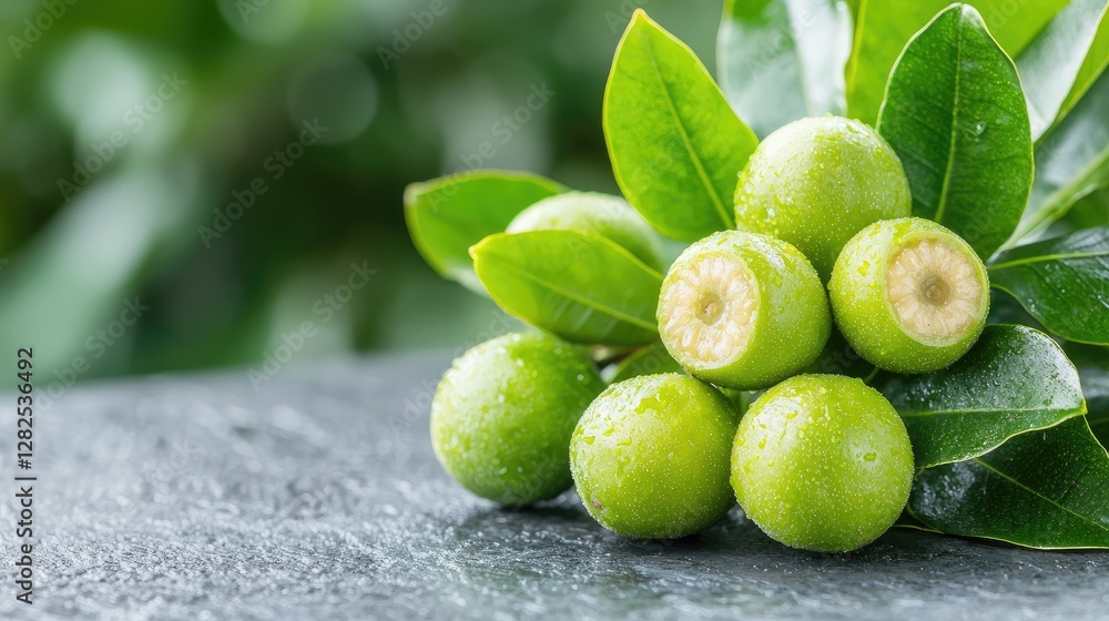 Obraz premium Fresh green fruits on leaves, close-up shot. Background blurred greenery. For food, health websites
