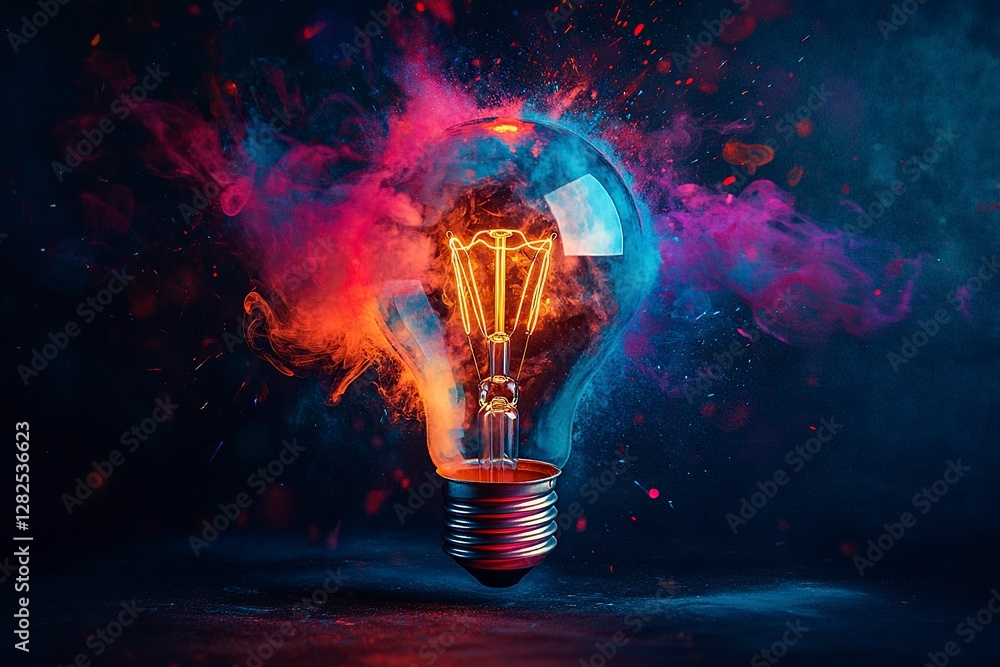 An explosion of vibrant colors, representing the concept scents and Aladdin's Lamp regarding an Angry AI. The AI, vividly illuminating an incandescent light bulb against a dark background, An explosion of vibrant colors, representing the concept scents and Aladdin's Lamp regarding an Angry AI. The AI, vividly illuminating an incandescent light bulb against a dark background,