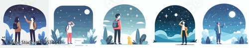 vector a young person standing full body, amazed looking at the stars at night with a simple and minimalist flat design style, plain white background