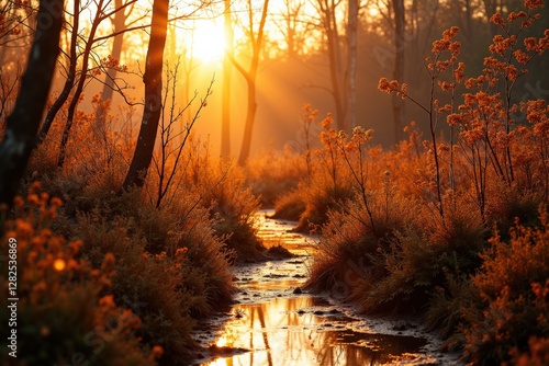 Wallpaper Mural A Serene Sunset Over a Tranquil Stream in a Forest Clearing, Illuminating the Surrounding Flora with Golden Light Torontodigital.ca
