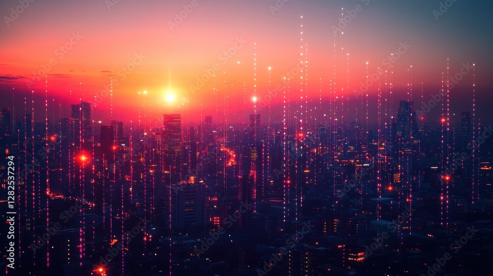 Fototapeta premium Stunning Aerial View of a Futuristic Urban Skyline at Sunset with Colorful Light Displays and Data Streams Over an Expansive Cityscape