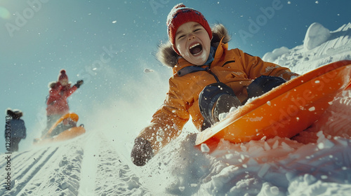 A sled zooms over the snowy hill, carrying a grinning rider whose cheeks glow from the rush, as a joyful crowd claps beneath the wide expanse of a clear blue winter sky. photo