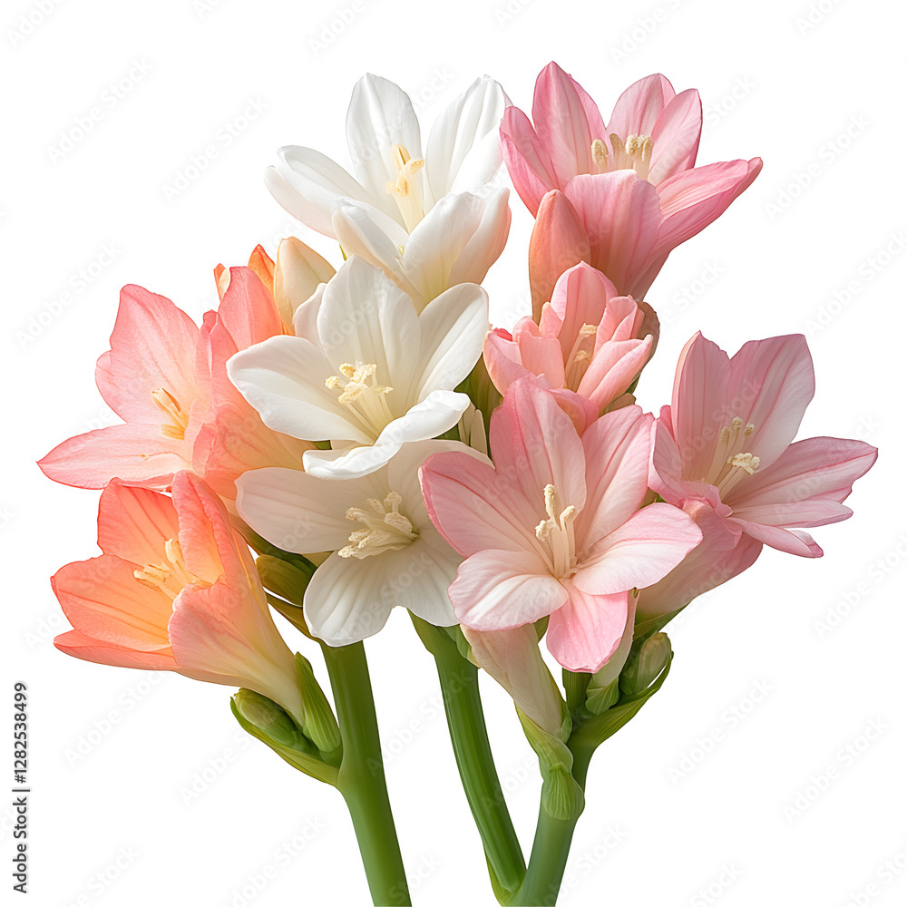 Fototapeta premium Delicate Pink And White Flower Bouquet With Green Stems Bright Backgrounds and Patterns in Full