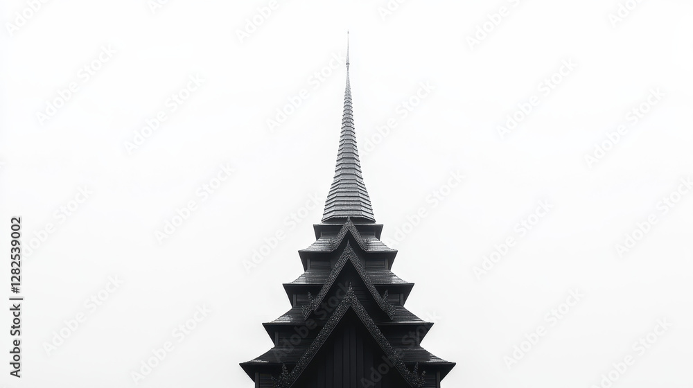 Fototapeta premium Majestic Black Roof Structure with Sharp Spire Against Gray Sky