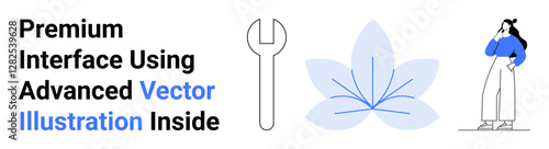 Wrench tool, abstract leaf, and woman contemplating with text in a clean professional layout. Ideal for design, wellness, repair, technology, creativity, innovation flat landing page banner