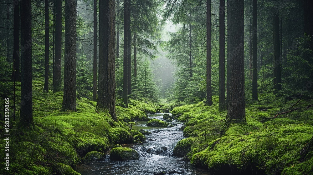 A mystical forest with towering trees, lush green moss-covered ground, and a small stream meandering through the scene. The misty air adds an ethereal quality to the landscape A mystical forest with towering trees, lush green moss-covered ground, and a small stream meandering through the scene. The misty air adds an ethereal quality to the landscape
