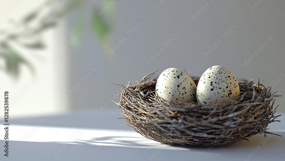 Fototapeta premium Two speckled eggs in a nest, sunlight, nature background