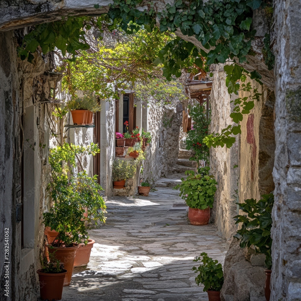 Naklejka premium Sunlit Stone Alleyway: A Picturesque Mediterranean Village Lane