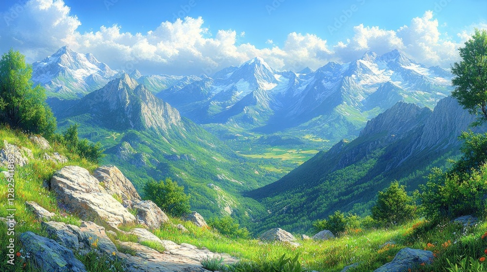 Fototapeta premium Panoramic View Of Lush Valley Between Rocky Mountains