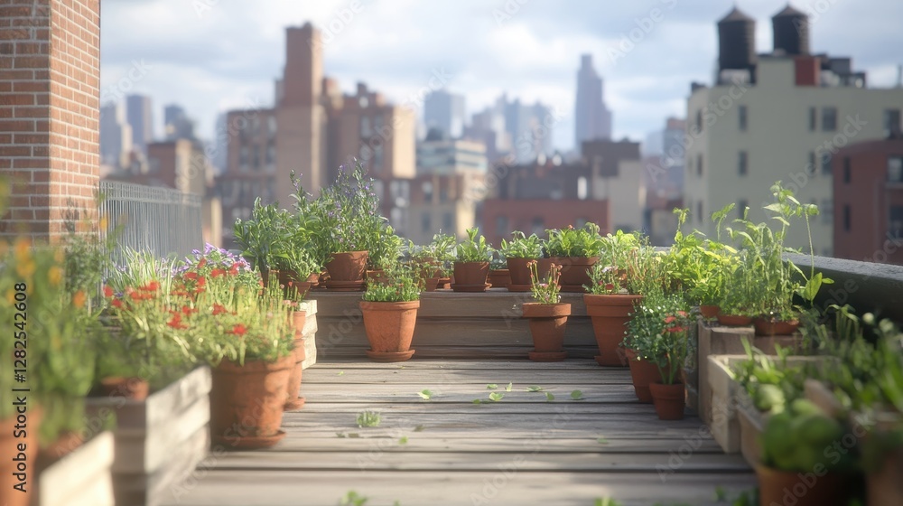 Fototapeta premium Rooftop Garden with Cityscape Background in Terracotta Pots