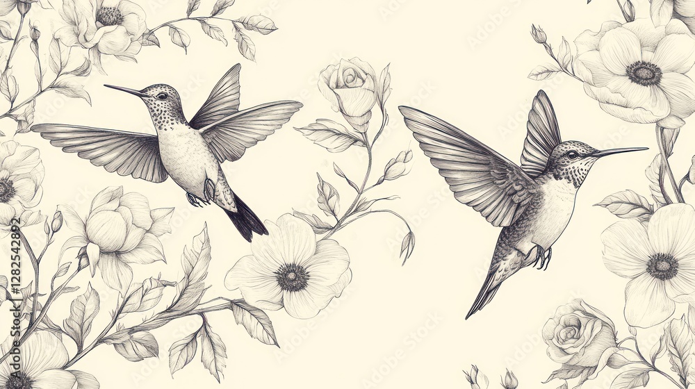 Hummingbirds floral pattern, garden, nature, spring, design Hummingbirds floral pattern, garden, nature, spring, design