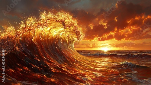 Golden sunlight illuminates a massive ocean wave during sunset